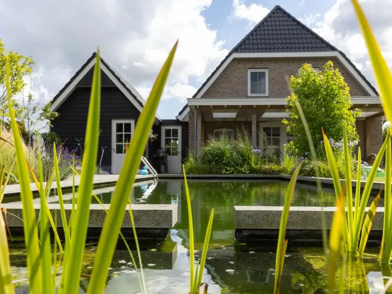 Natuurlijke zwemvijver met plantenfilter en stapstenen in Gelderland